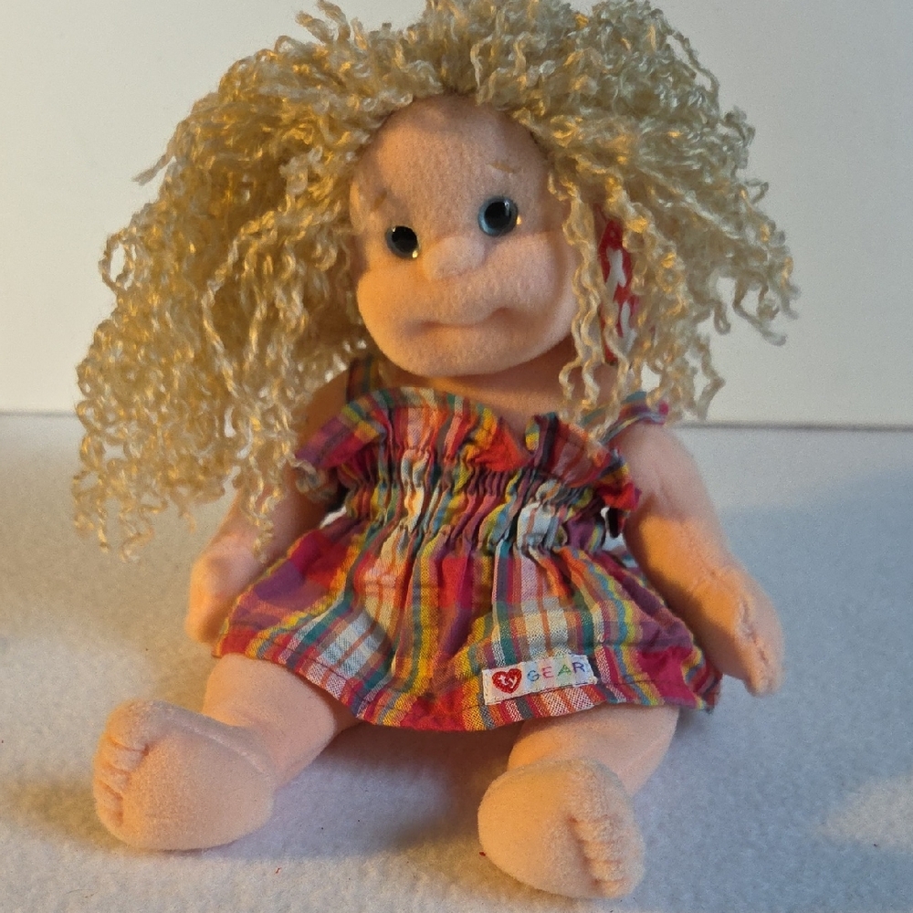 Ty Beanie Kids 10" Plush Doll with Blonde Hair Blue Eyes Pink Plaid Dress